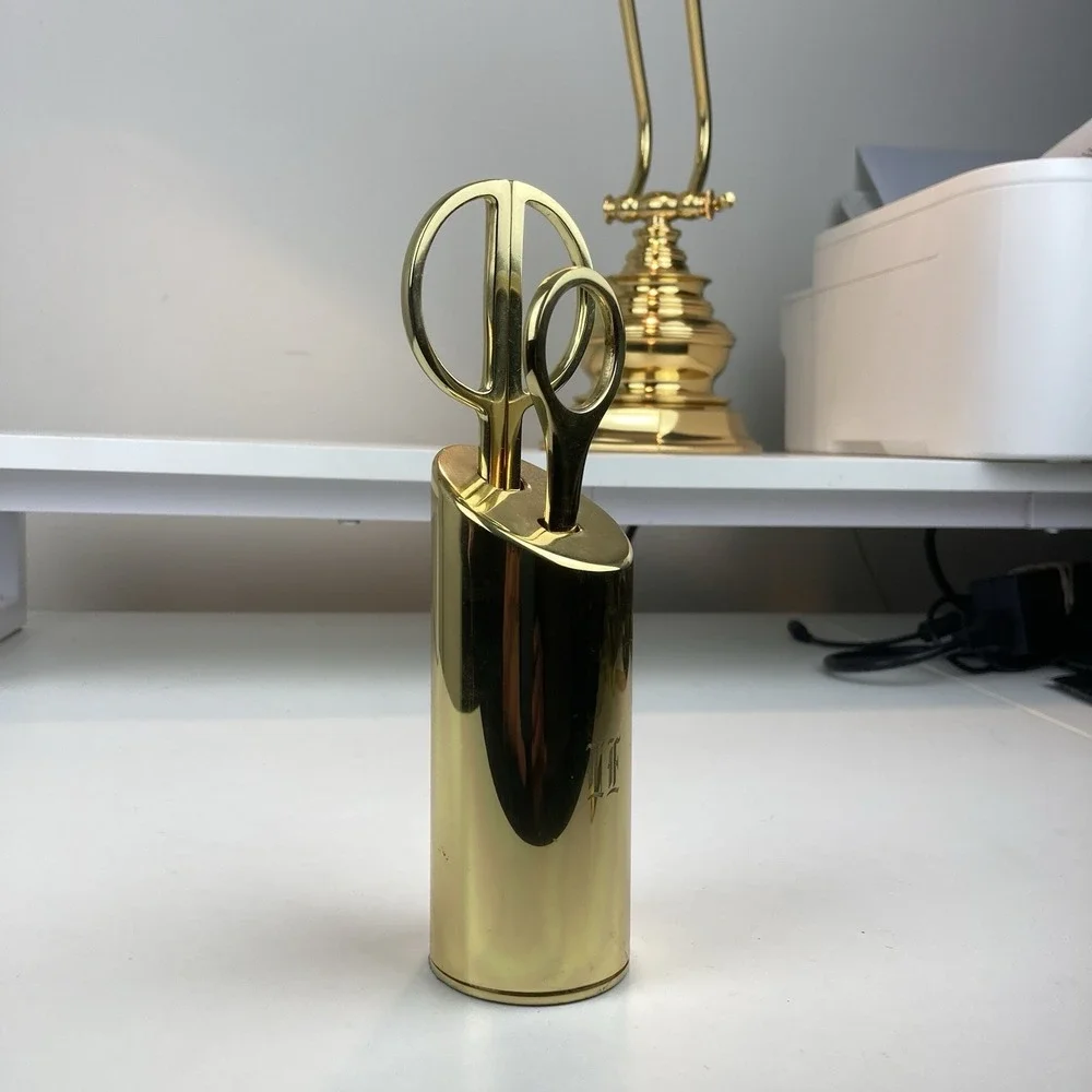 Vintage Modernist Solid Brass Gold Tone Scissors / Letter Opener Desk Set with H